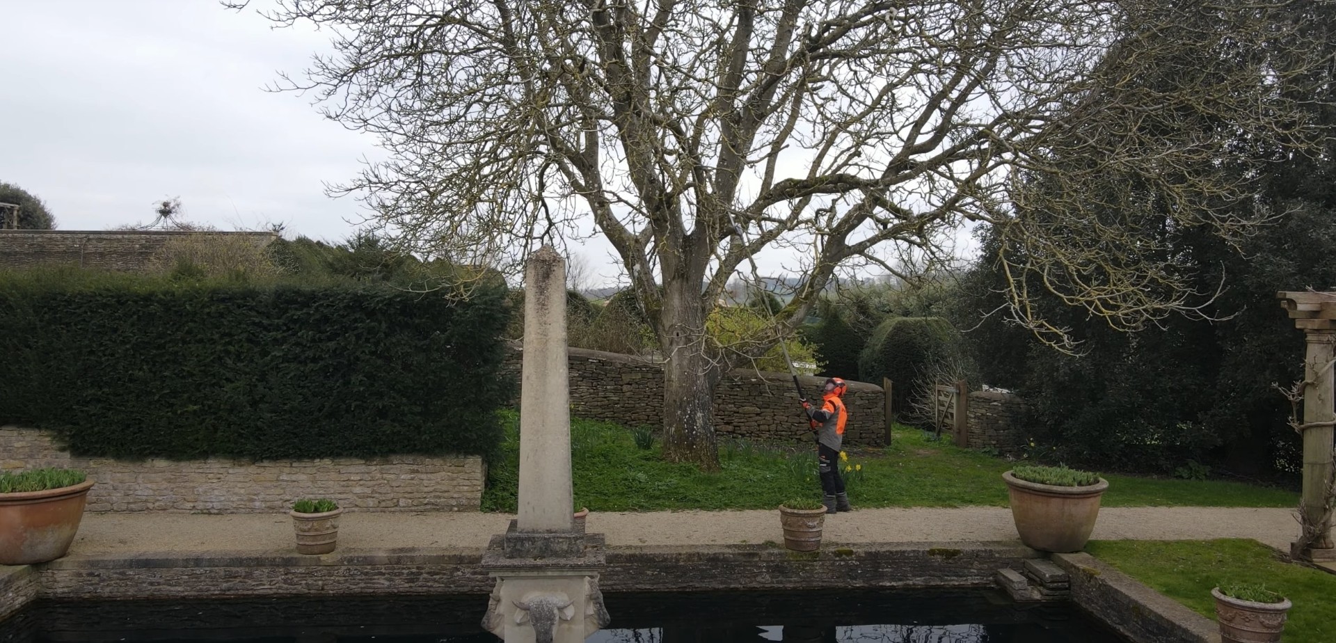 Tree service professional in high-visibility safety gear operating equipment near residential property with professional vehicles