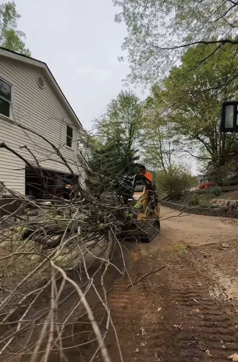 Storm damage cleanup with professional tree service crew and equipment working on residential property