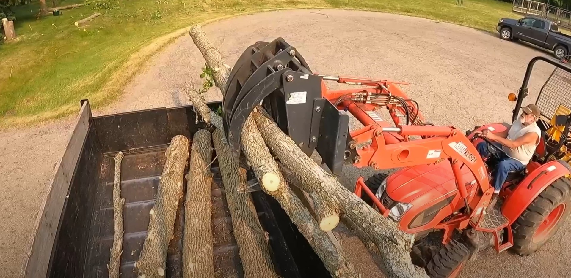 Heavy equipment loading cut tree logs into truck for professional tree removal service